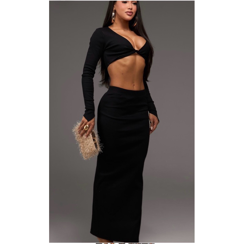 Conjunto Feminino Canelado Cropped Manga Longa + Saia Midi Fenda Elegante Festa Moda Blogueira