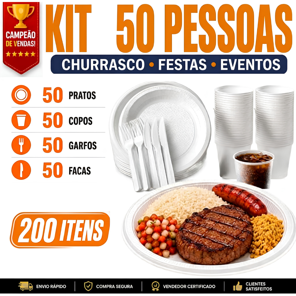 Kit Churrasco/Feijoada 50x Prato de Isopor + 50x Garfo/Faca + 50x Copo de 300ml