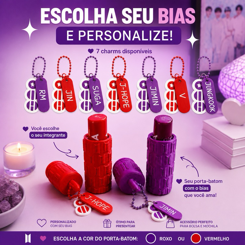 Porta Batom BTS Personalizado Chaveiro | Case Lip Balm K-pop Acessório Mochila J-Hope Jimin V Jungkook Suga RM Jin