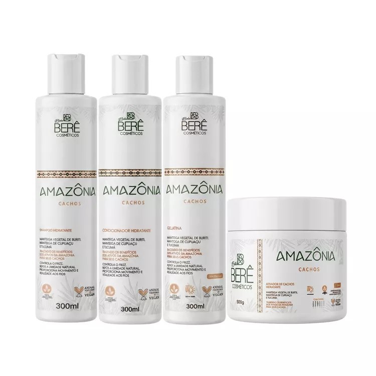 Kit Cachos Amazônia Bela Berê 300ml | Shampoo Condicionador Gelatina e Ativador de Cachos