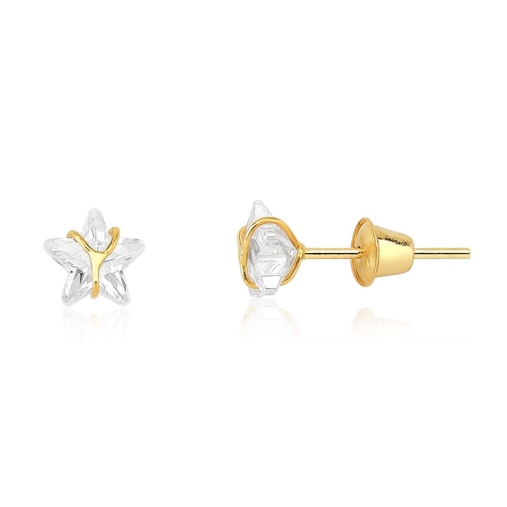 Brinco de Ouro 18k Estrela com Zircônia e Detalhada