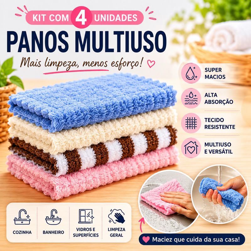 Kit 4 Panos de Microfibra para Limpeza Cozinha Toalha Pia Flanela de Limpeza Sortido Banheiro