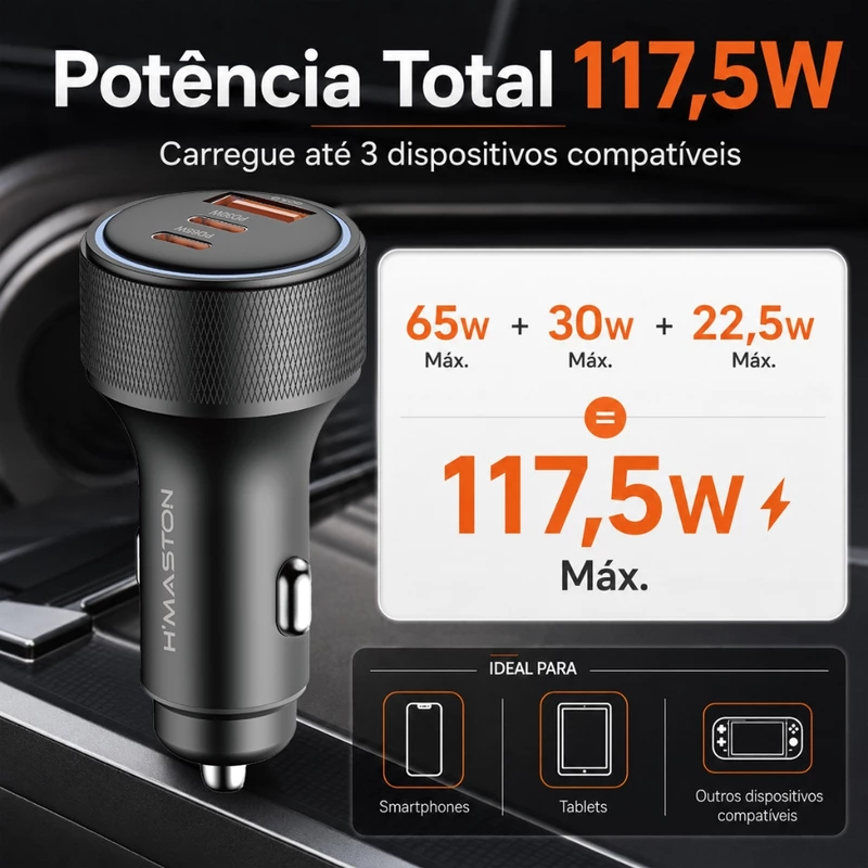 Carregador Veicular Turbo 3 Portes com 2 Tipo C e 1 USB — foto 2