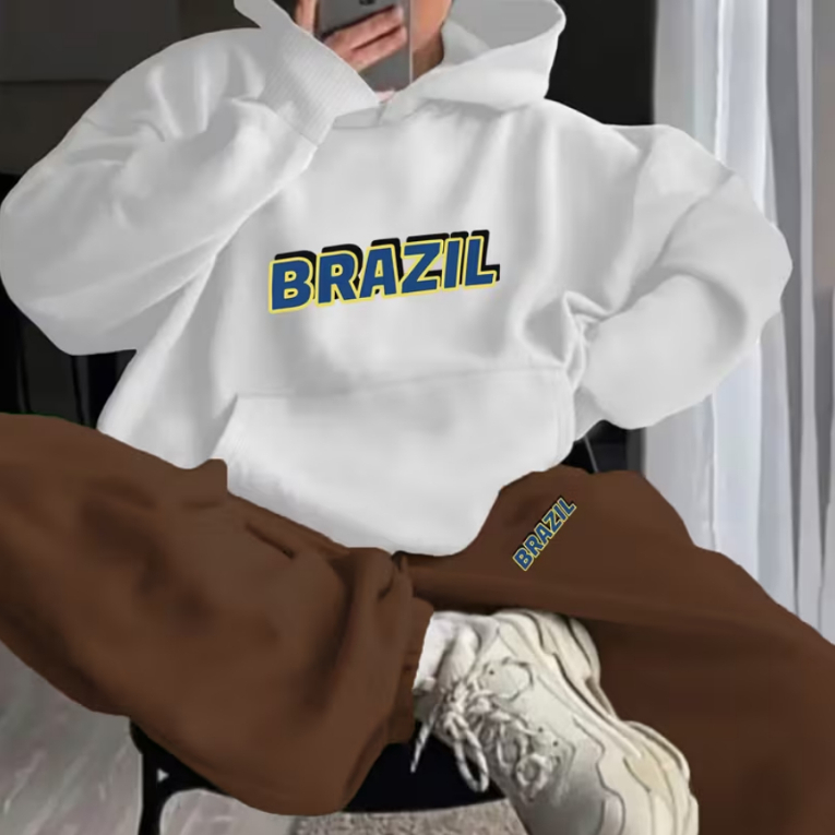 Kit Conjunto Blusa e Calça Moletom Feminino Brazil Brasil Estiloso Moderno Inverno Confortável
