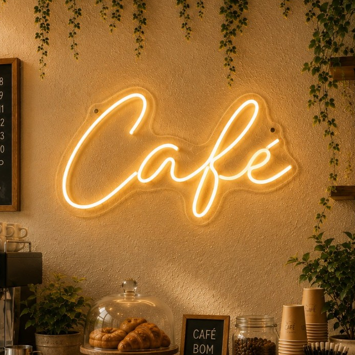 Placa Neon LED Café Acrílico Letreiro Luminoso Decorativo Cafeteria Bar Padaria Bistrô Comércio