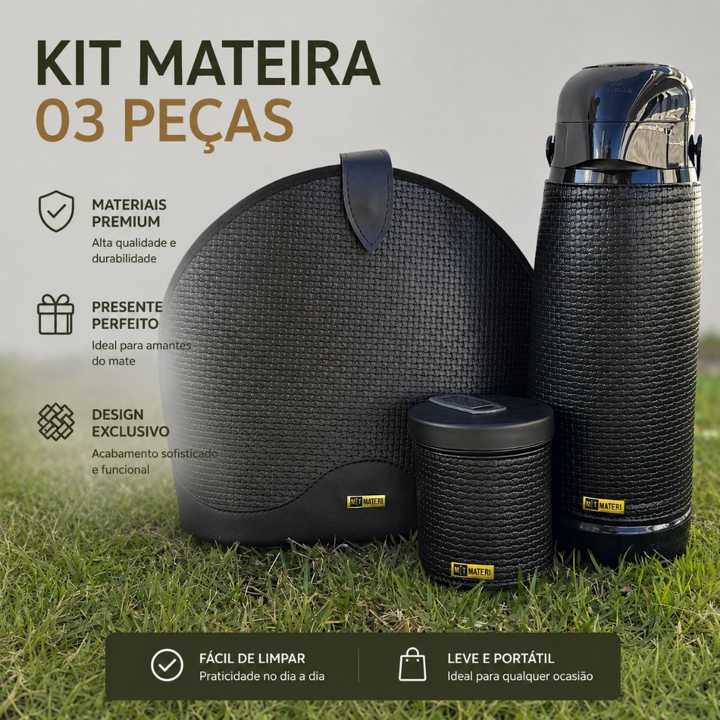 Kit Mateira 03 peças Chimarrão Termolar 1.8L + Porta Erva + Mateira