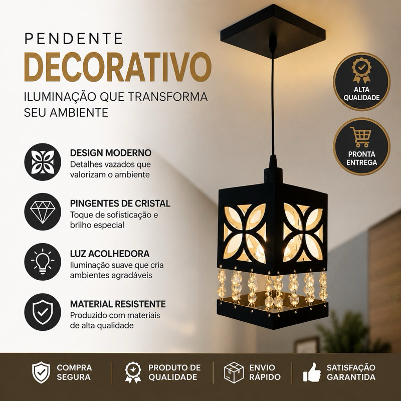 Detalhes do Luminaria Lustre Pendente De Teto Petala Cristais Mdf 3mm 20x12 Preto
