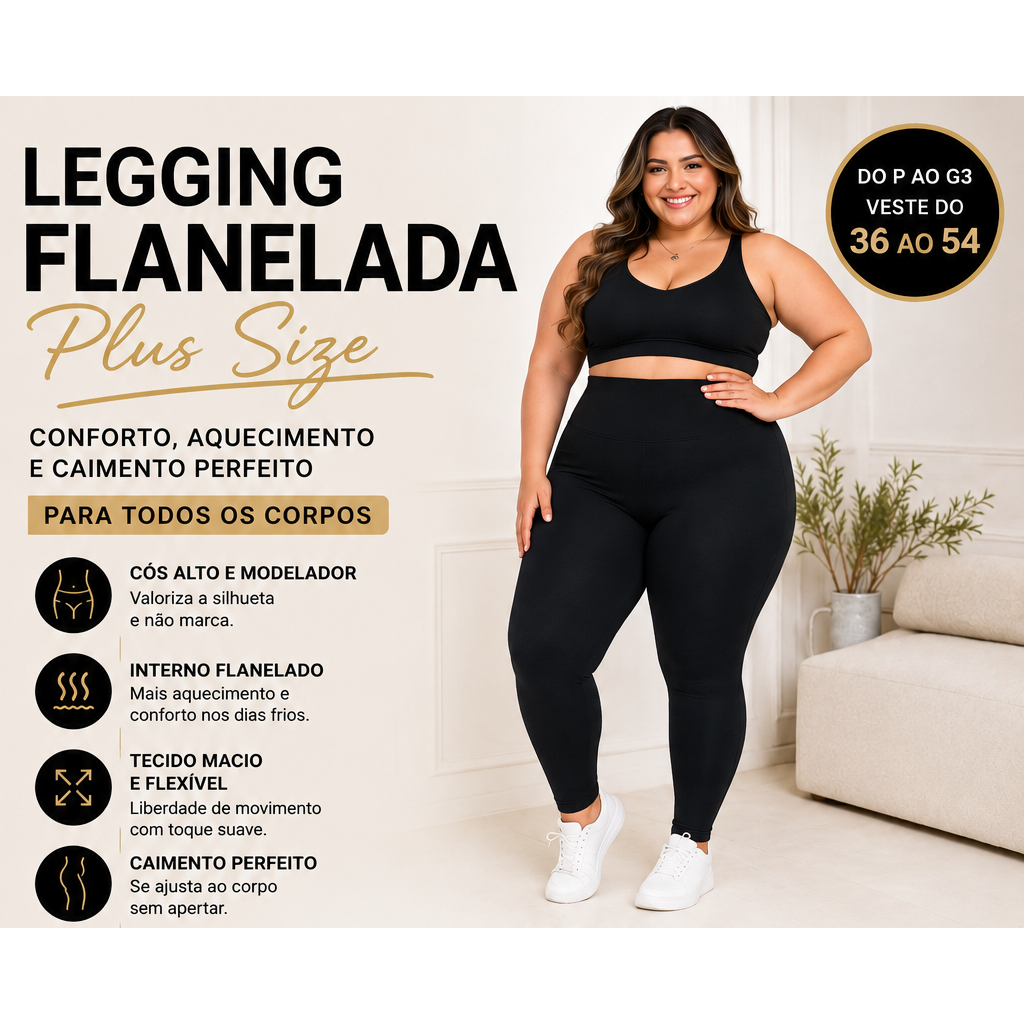 Calça Legging Plus Size Flanelada Zero Transparência Costura Reforçada Cintura Alta Peluciada - Preto, g1