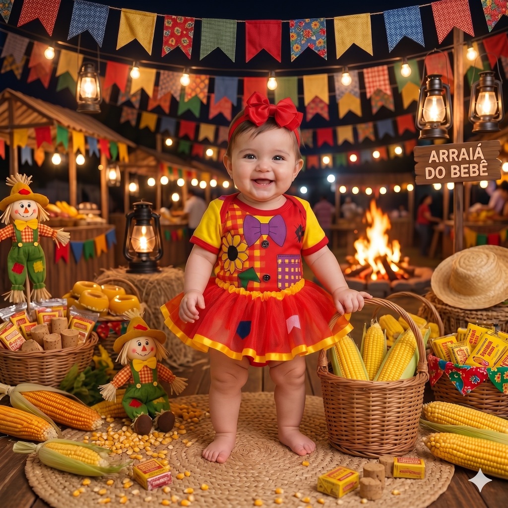 Body Bebê Temático Festa Junina Menina Caipira Xadrez Roupa Infantil Arraiá + saia tutu