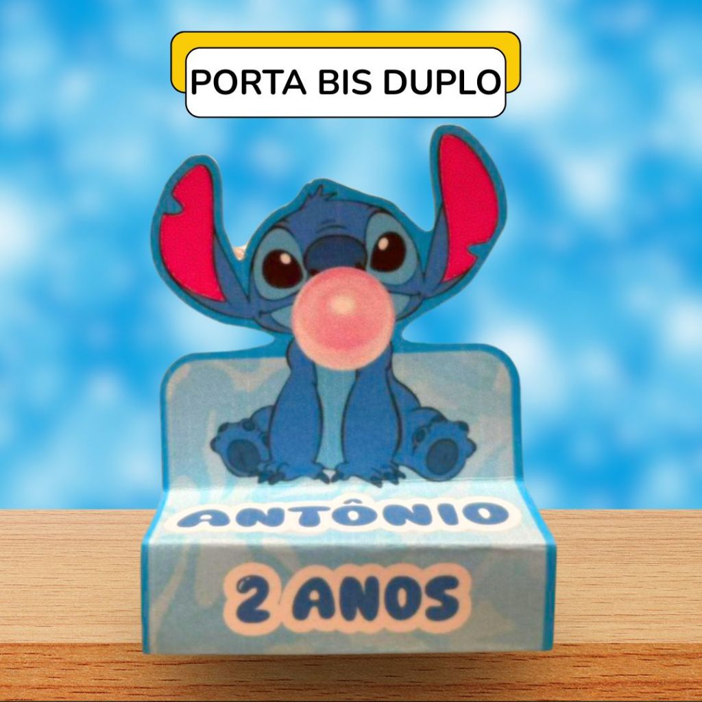 24 Porta Bis Duplo Personalizado Stitch Azul Chiclete –Lembrancinha Festa Infantil, Aniversário, Decoração Menina Menino