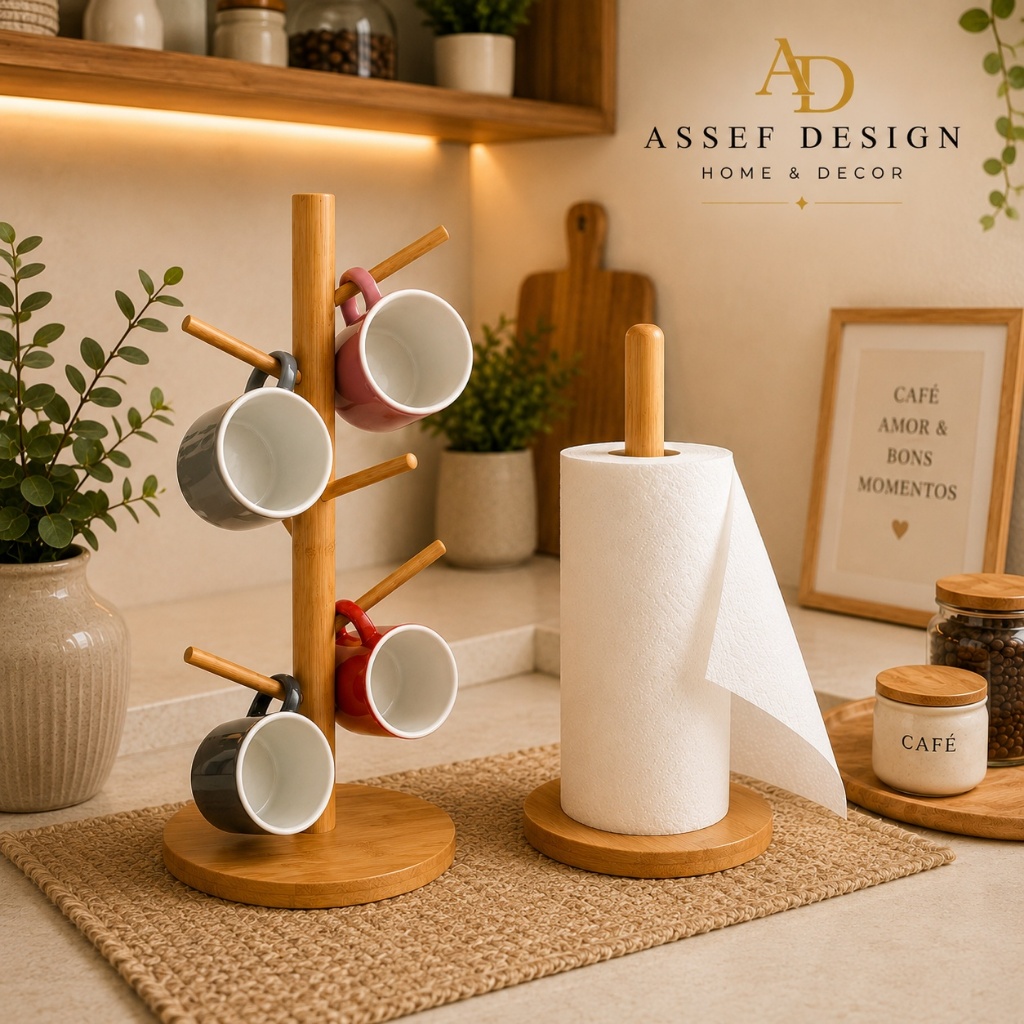 Kit Suporte Bambu Porta Papel Toalha Para Mesa + Suporta Xicara Porta Xicara Canecas Madeira Bambu