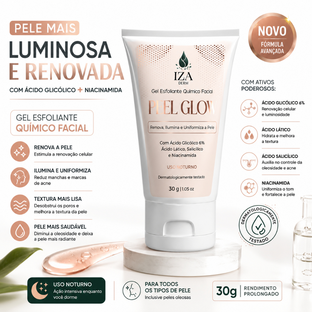 Gel Esfoliante Facial Peel Glow IZA Derm Renovação Uniformização e Luminosidade da Pele Ácido Glicólico Niacinamida 30g
