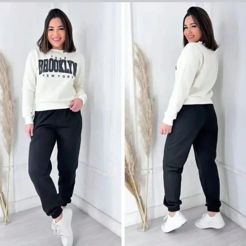 conjunto feminino moletom Brooklyn flanelado feminino inverno calça+ blusa