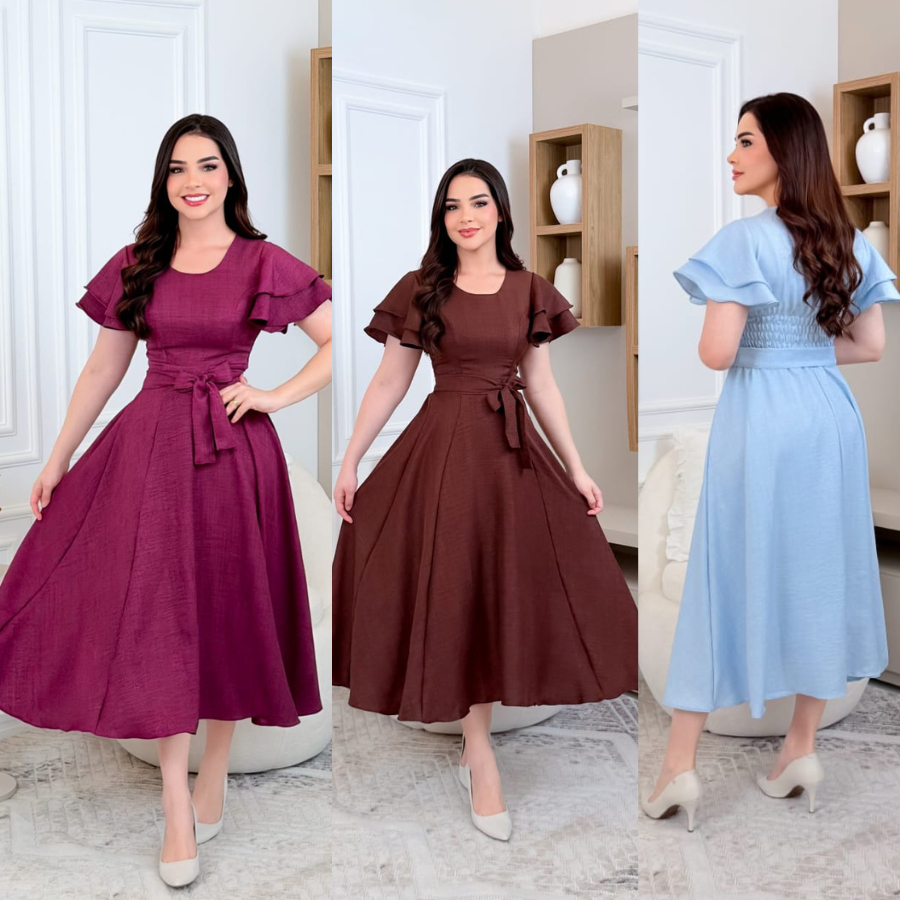 Vestido Midi Feminino Elegante Manga Curta Babado  Rodado para Festa e Eventos