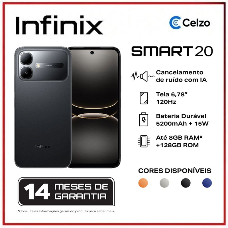INFINIX SMART 20 4+128 GB, 6,78" ,Bateria 5200 mAh, Ultra-fino 7,7 mm, Câmera 8 MP,Preto Sombra