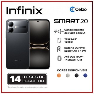INFINIX SMART 20 4+128 GB, 6,78" ,Bateria 5200 mAh, Ultra-fino 7,7 mm, Câmera 8 MP,Preto Sombra