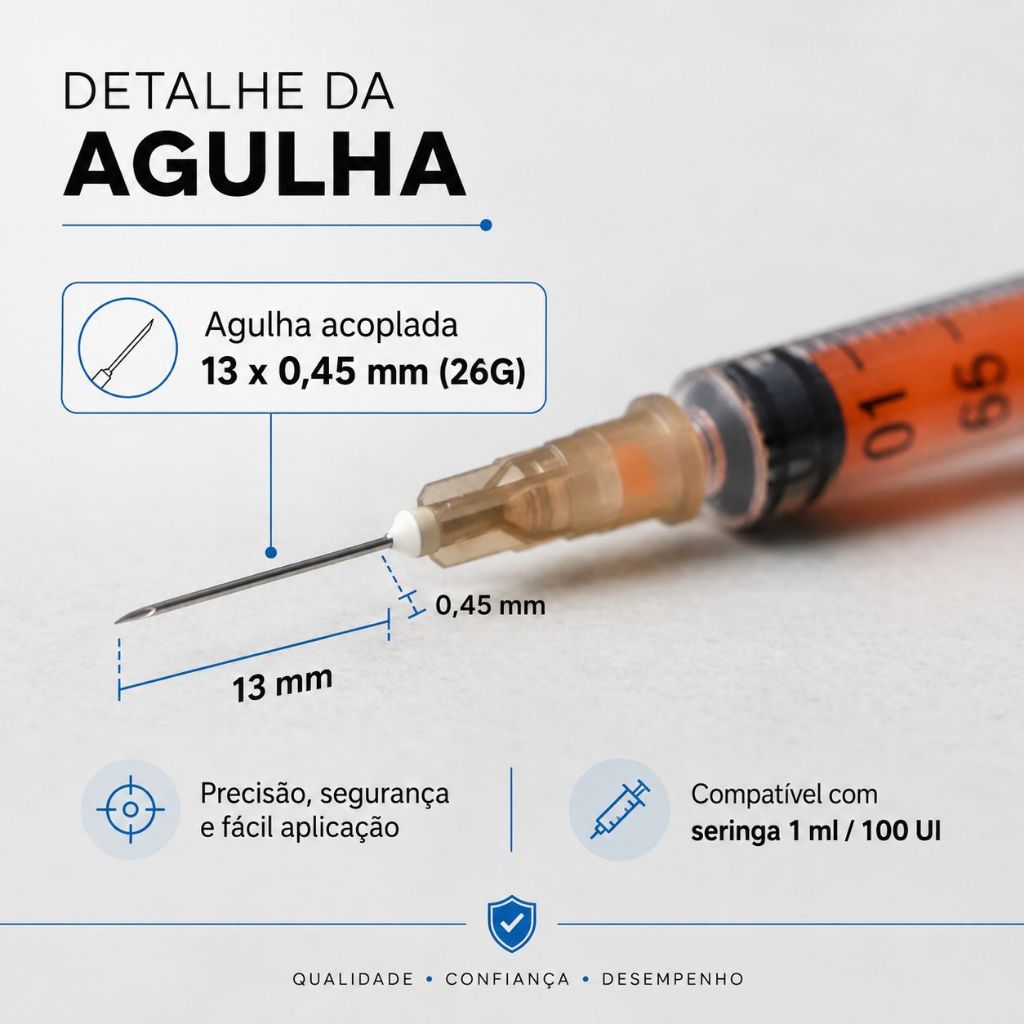SERINGA PARA INSULINA 1ML AGULHA 13MMX0,45MM (25/100UND) 26G AGULHA REMOVIVEL