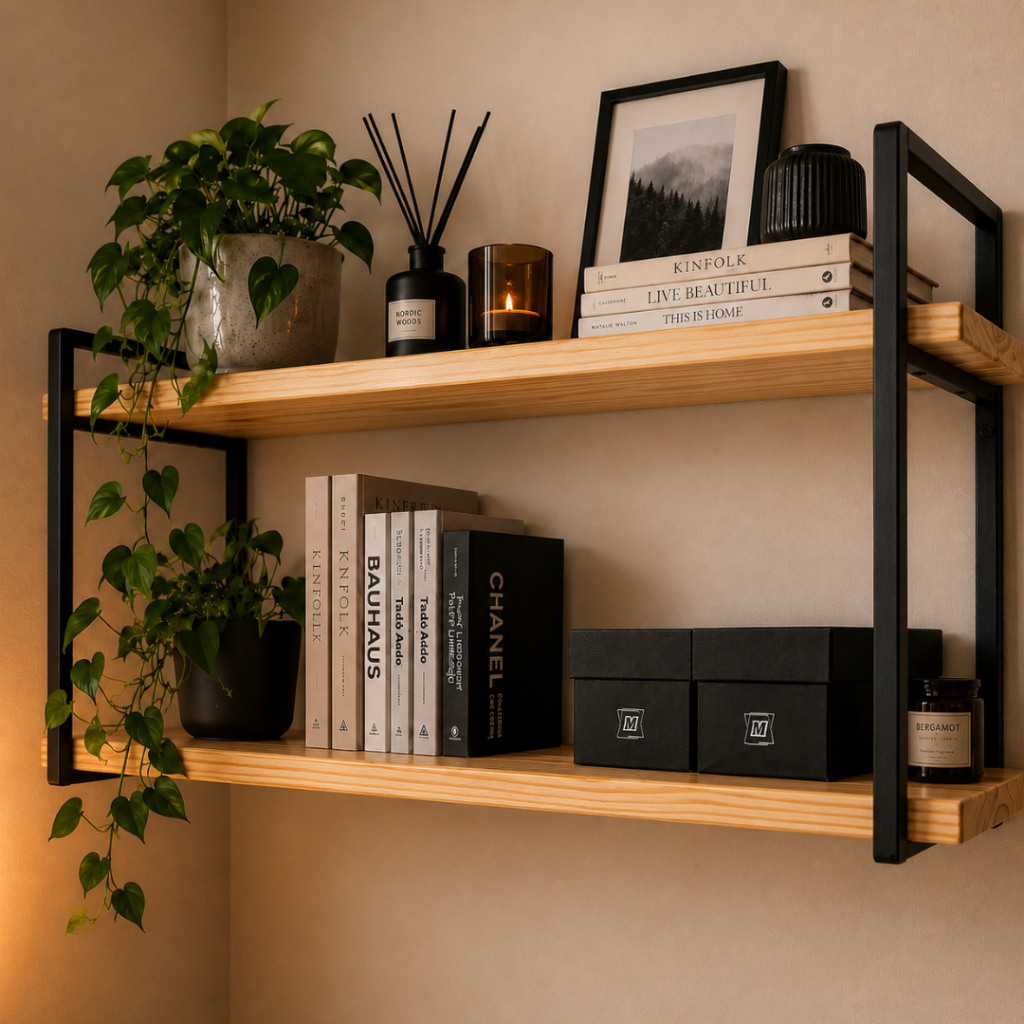Prateleira Suspensa Estilo Industrial Base de Ferro Preto Madeira Pinus Verniz 100cm/60cm