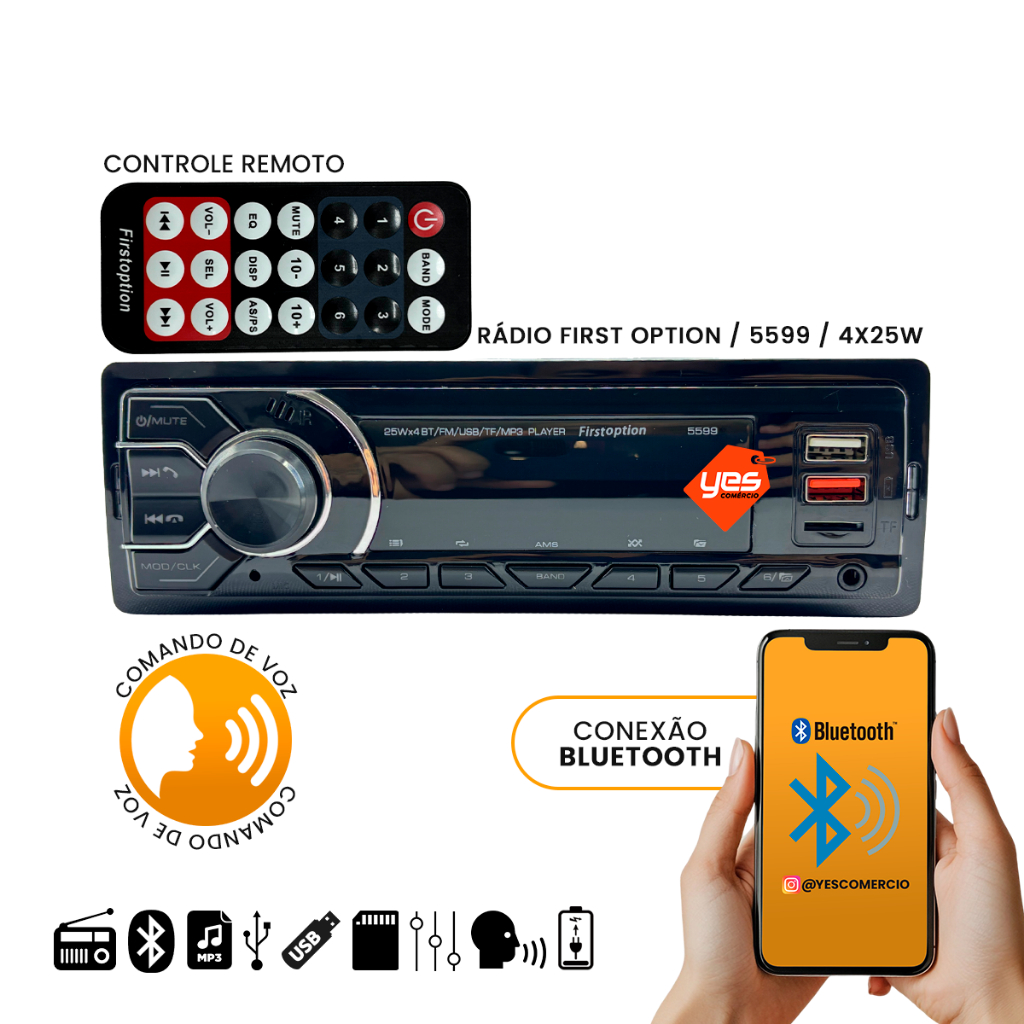 Rádio Bluetooth Led First Option 5599, 4X25W USB, Pen Drive
