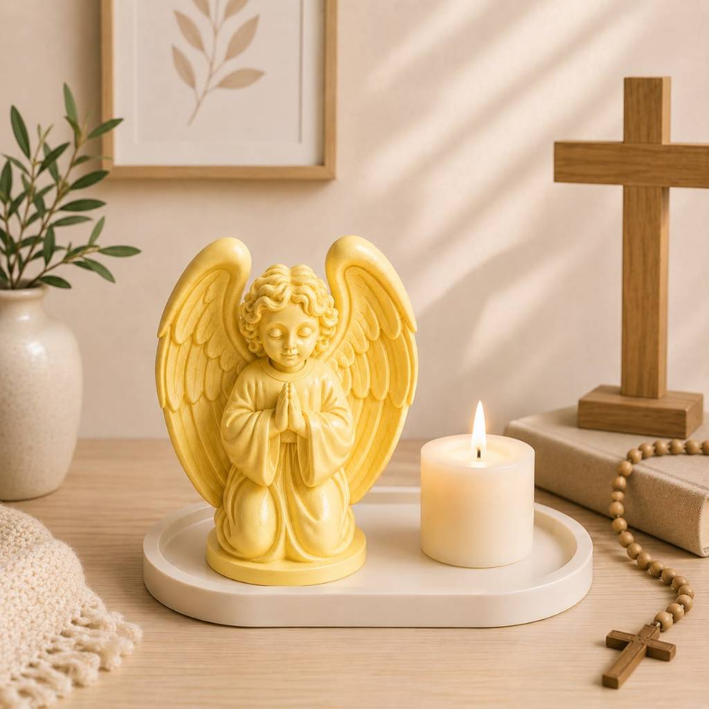 Anjo da Guarda Orando Decorativo Religioso Católico Escultura Cristã Decoração Fé Presente Oração