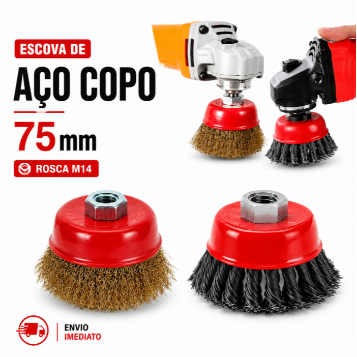 Escova de Aço Tipo Copo 75mm M14 para Esmerilhadeira Remoção de Ferrugem e Tinta