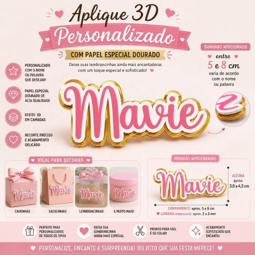 Kit Aplique Nome 3D Personalizado com Nome e Idade | Lembrancinha Festa Infantil