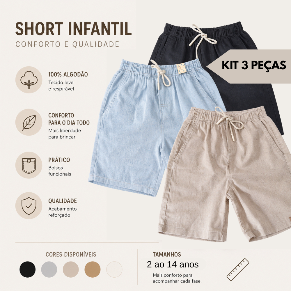 Kit com 3 Shorts Infantil Masculino Sarja Leve Estilo Casual Verão 2 a 10 Anos