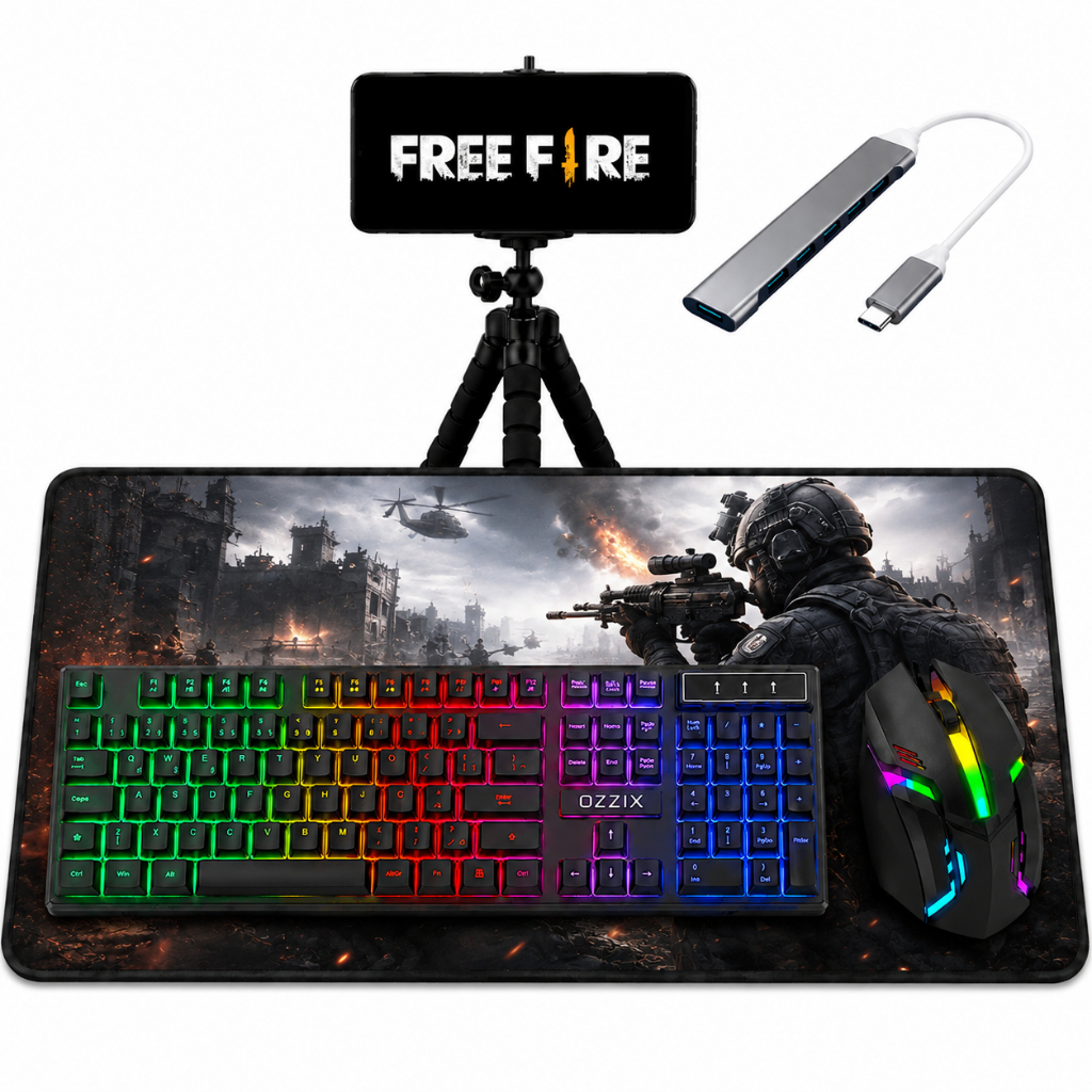 Kit Mobilador Gamer Completo Teclado Uma Mao Mouse Gamer Mousepad 30x90cm Hub Tipo C Tripé Full