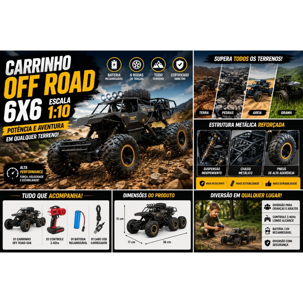 Carrinho Infantil Controle Remoto Off Road Metal Escala 1:10 Importway Alta Durabilidade e Diversão em Qualquer Terreno