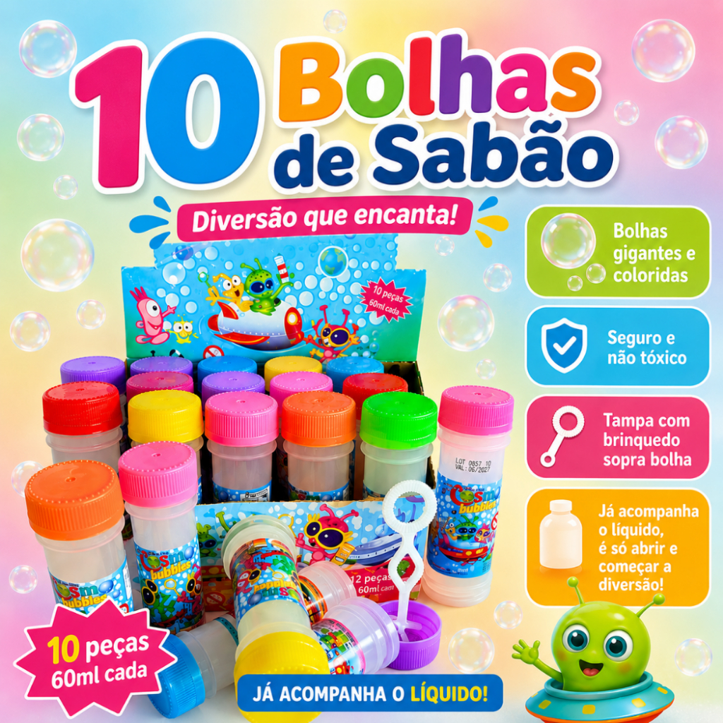 10 Bolha de Sabão Bolinha de Sabão p/ Kit Festa Lembrancinha Brinquedo Infantil