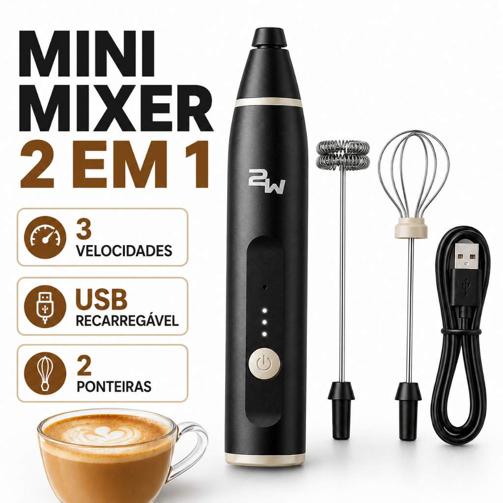 Batedeira Portátil Mixer Recarregável 3 Velocidades Café Leite