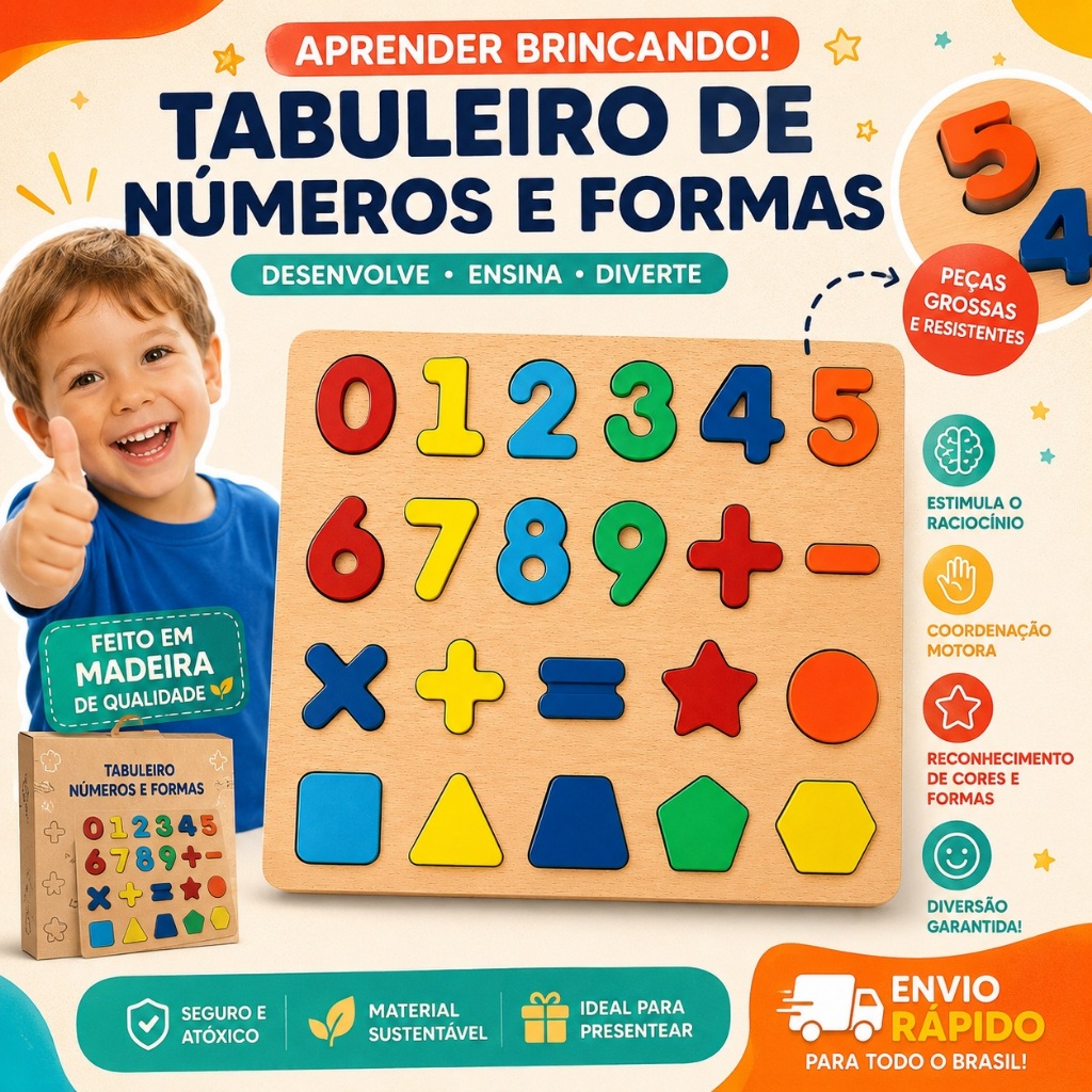 Tabuleiro Brinquedo Números e Formas de Madeira Brinquedo Educativo Infantil Montessori
