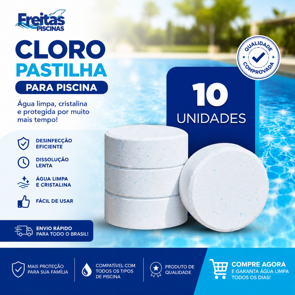 Kit 10 Pastilhas de Cloro para Piscina 200g | Água Limpa e Cristalina