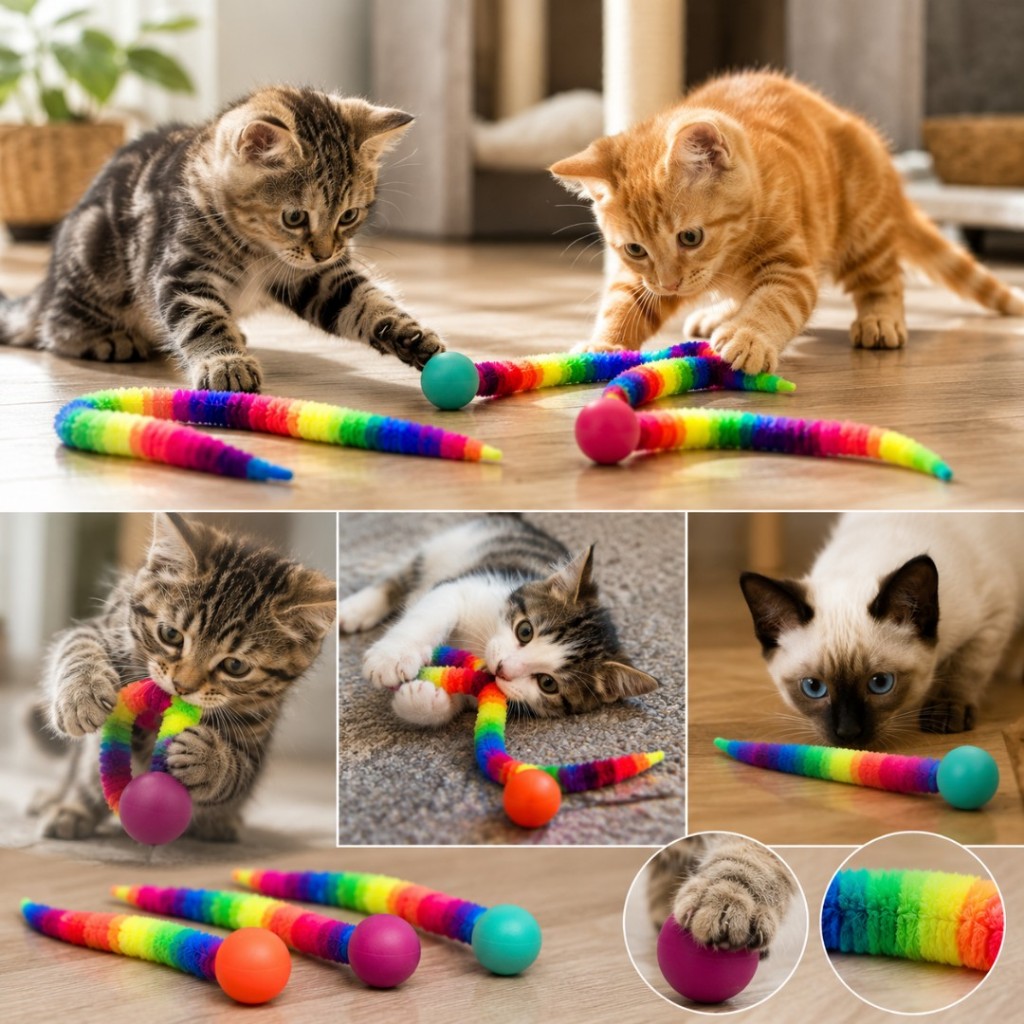 Kit C/3 Bolinhas Saltitante Pula Pula Brinquedo para Gato Interativo Cauda Arcoíris Antiestresse LR-0344