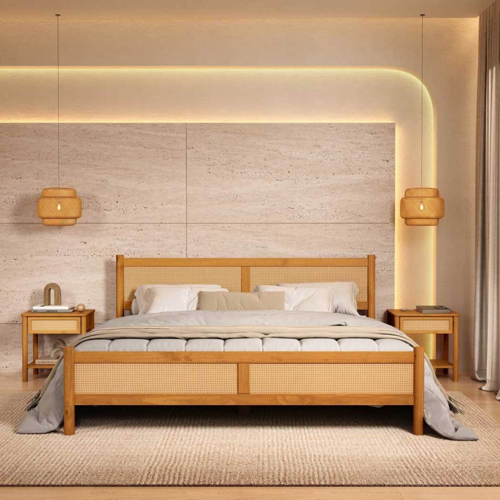 Cama King Madeira Maciça Rattan Palhinha Estrado Incluso Freijó Cefira