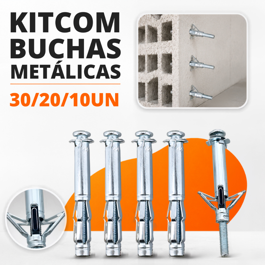 Kit Bucha de Suspensão Rebite Fixação Parede Tijolo Oco Drywall Metal Madeira Com Parafuso 80x9mm