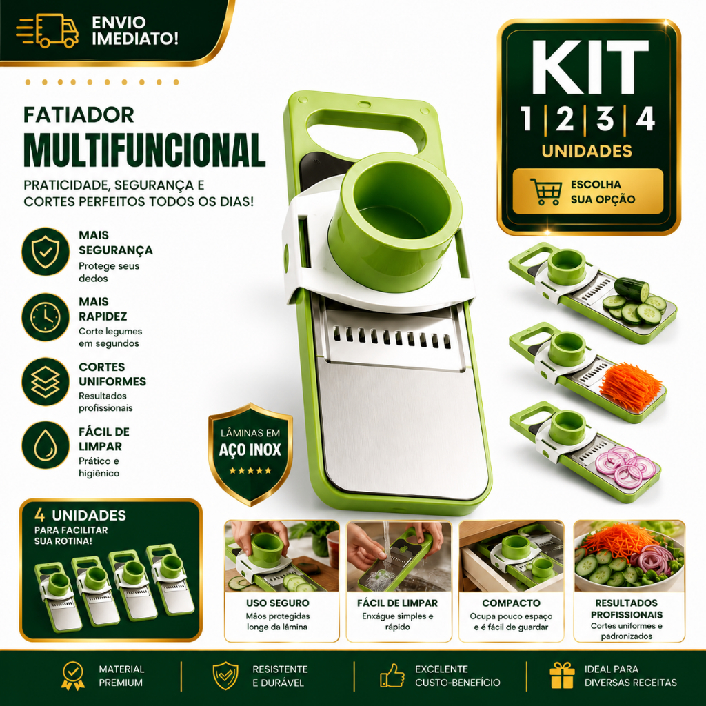Cortador de Legumes 1/2/3/4 Mandoline Aço Inox Fatiador Julienne Multifuncional Profissional Cozinha