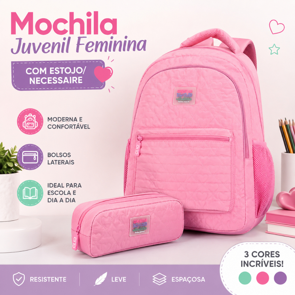 Mochila Juvenil Feminina Escolar Com Estojo Necessaire Clio Style Rosa Lilás Verde Água