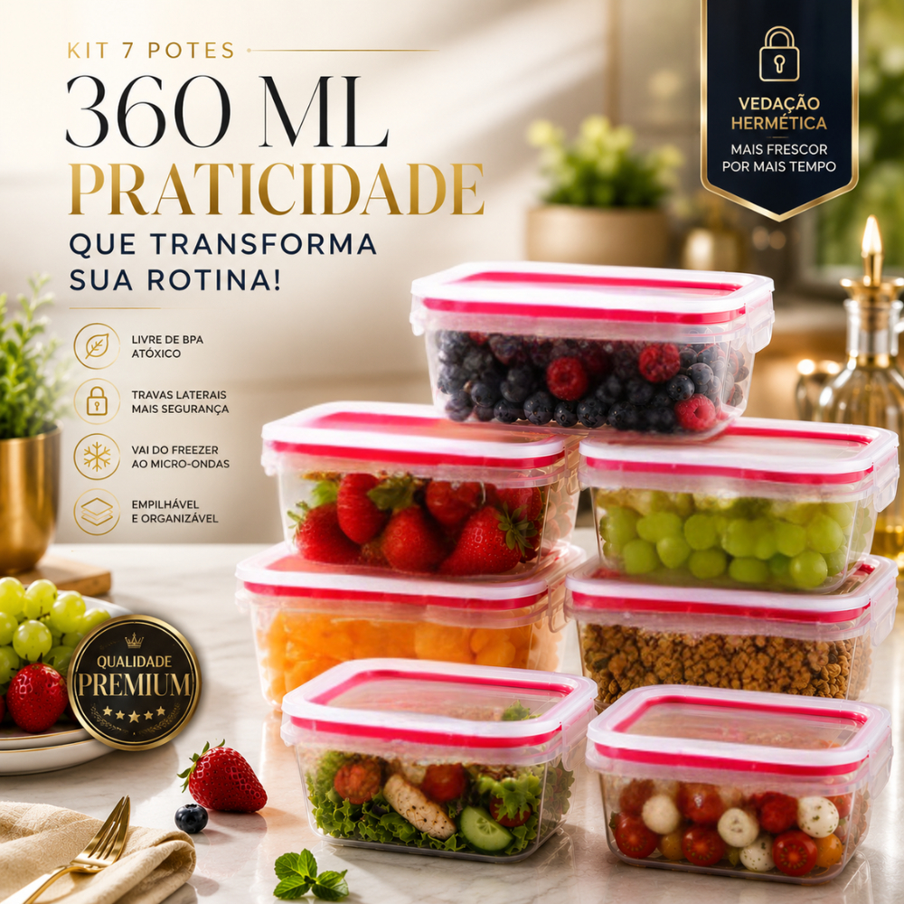 Kit Potes Herméticos Marmitas 360 ML Organizadores Cozinha Geladeira C/ Travas Alimentos Porta Frios