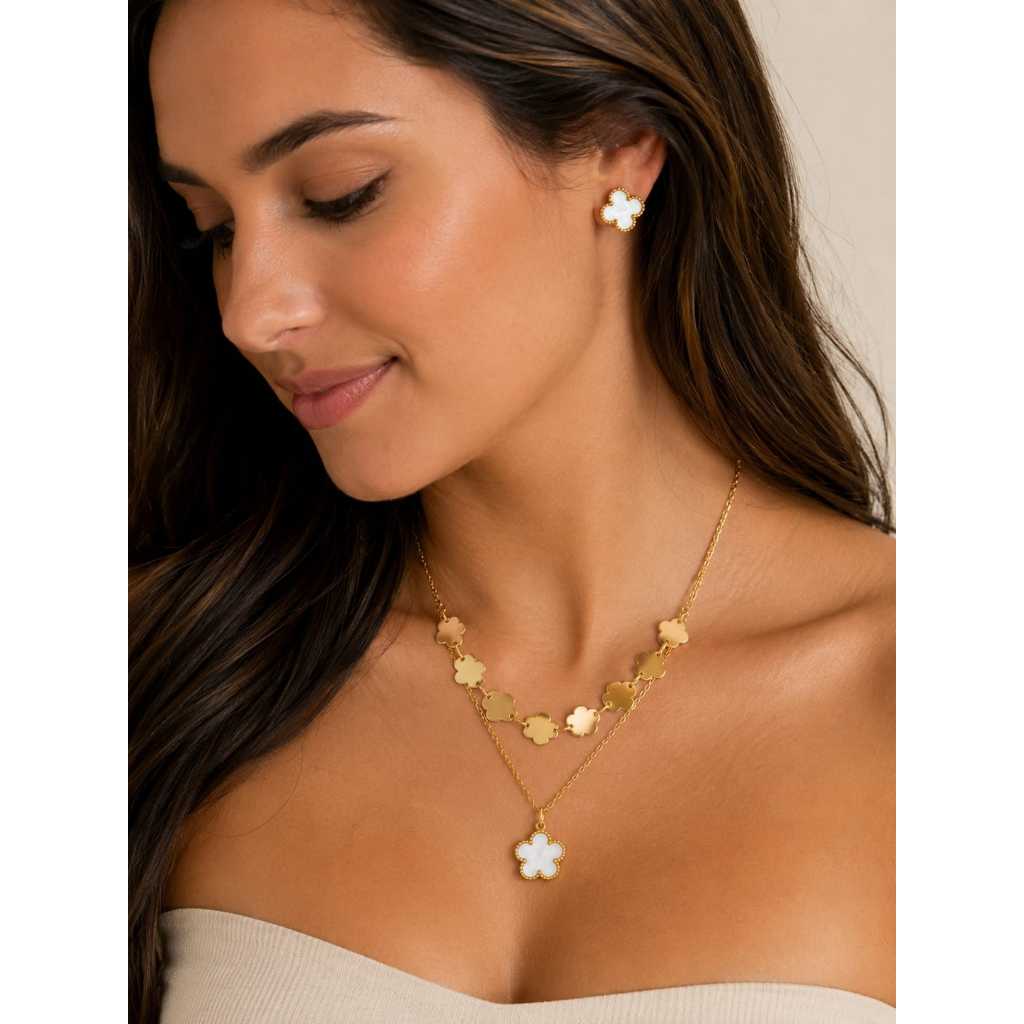 Conjunto Colar Duplo e Brincos Trevo Dourado em Aço Inoxidável 316L/Aço Cirúrgico Elegante, Antialérgico e Não Escurece