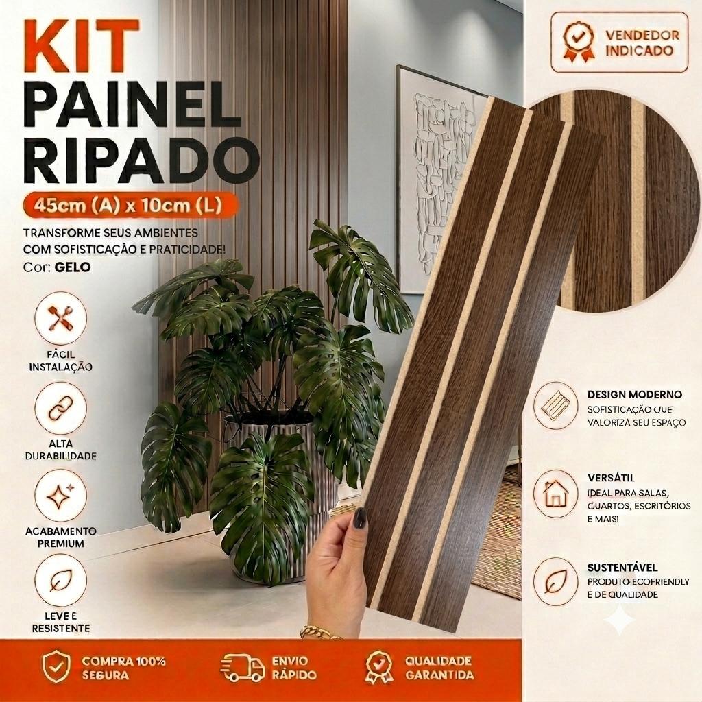 KIT 100 PLACAS PAINEL RIPADO MDF PREMIUM 45CMX10CM DECORATIVO PARA SALA QUARTO CABECEIRA ESCRITÓRIO