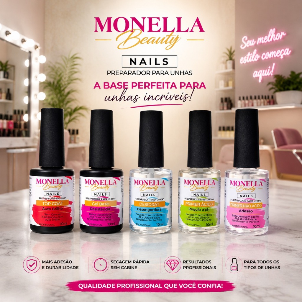 kit preparadores de unha de gel MONELLA BEAUTY qualidade premiun top coat brilho,base gel primer qualidade maxima/anvisa