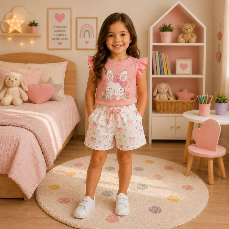 Conjunto Infantil Feminino 100% Algodão Confortável Menina 1 a 6 Anos