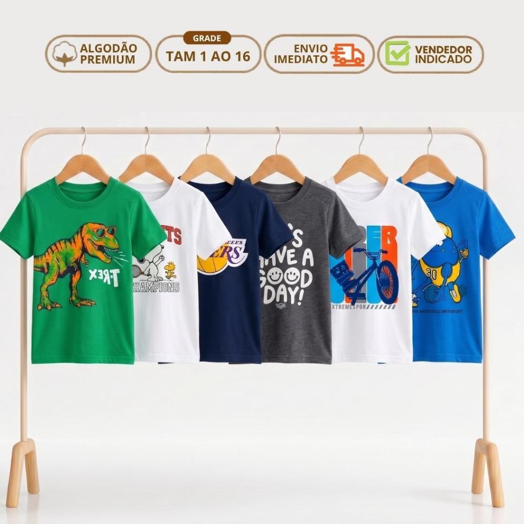Kit 5 Camiseta Verão Menino Masculino  Manga curta e Regata em Algodão Liso e Estampado com Personagens 1 ao 16 anos