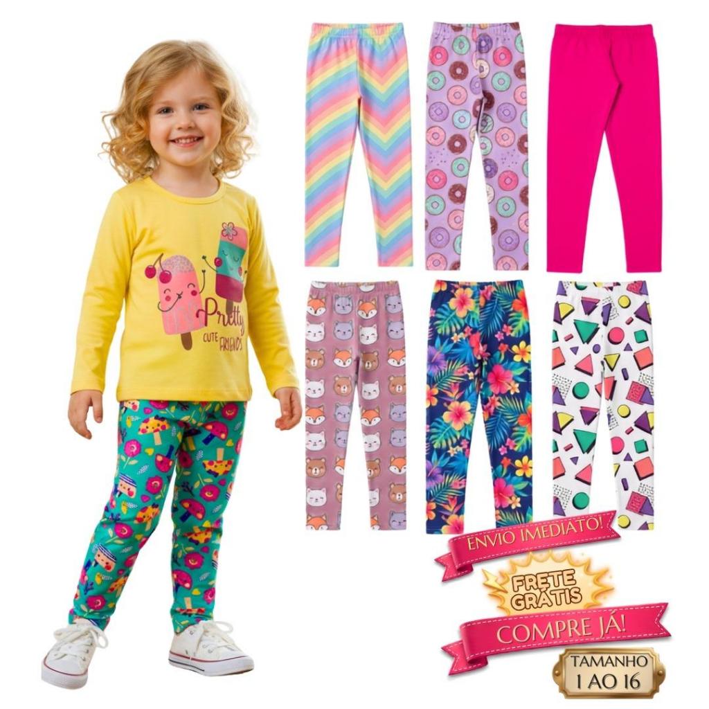 Kit 6 Calça Legging Infantil Menina Lisa ou Estampada Bebê ao Juvenil Algodão e Supplex Verão Calça Feminina 1 ao 16