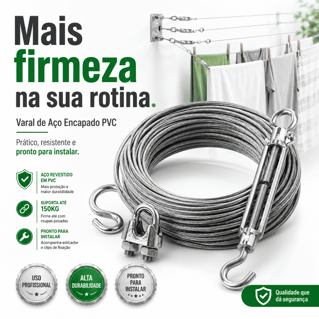 Mais Firmeza Para Roupas Pesadas Varal de Aço Encapado PVC 10m 15m 20m Até 150kg