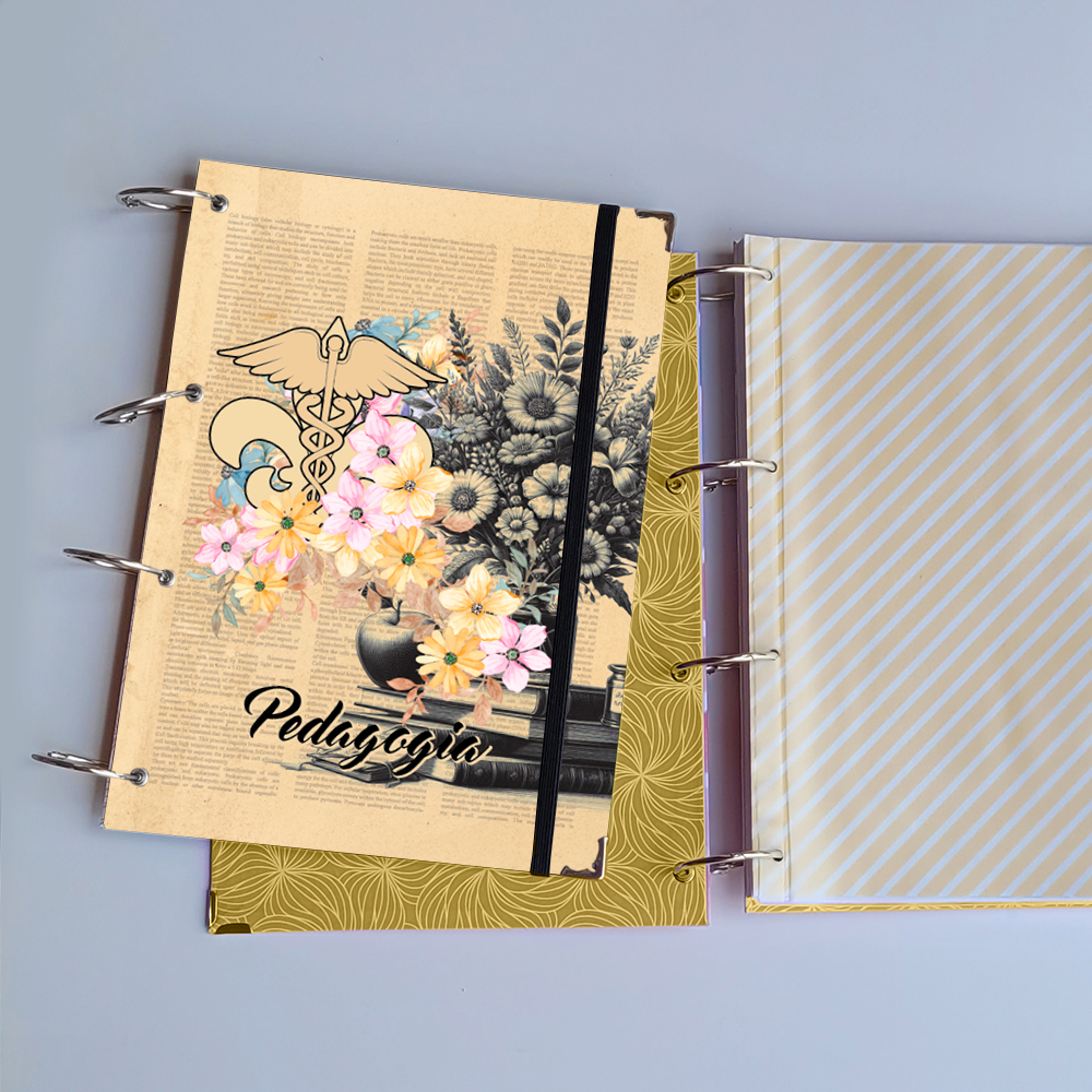 Caderno Argolado Pedagogia Vintage (Capa e Argolas) Universitário Colegial A5 Fichário professor