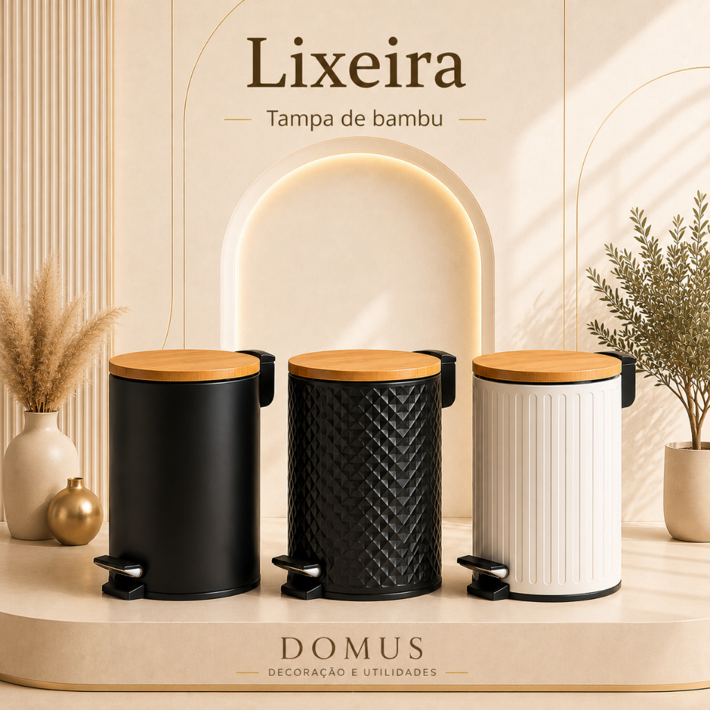 Lixeira 5 Litros e Pedal Tampa Bambu Para Casa Banheiro Cozinha em Inox Decorativa Multiuso
