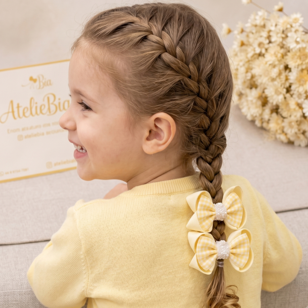 Dupla de Laços Infantil Fazendinha Amarelo Xadrez Bico de Pato Kit — imagem 2 de 2
