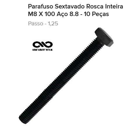 10 Parafuso Sextavado Rosca Inteira M8 X 100 Aço 8.8 Passe 1.25